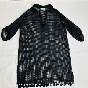 Aruba Blue Swim Cover Up Womens S Black Mesh Sequin Fringe Roll Tab Sleeve Tunic
